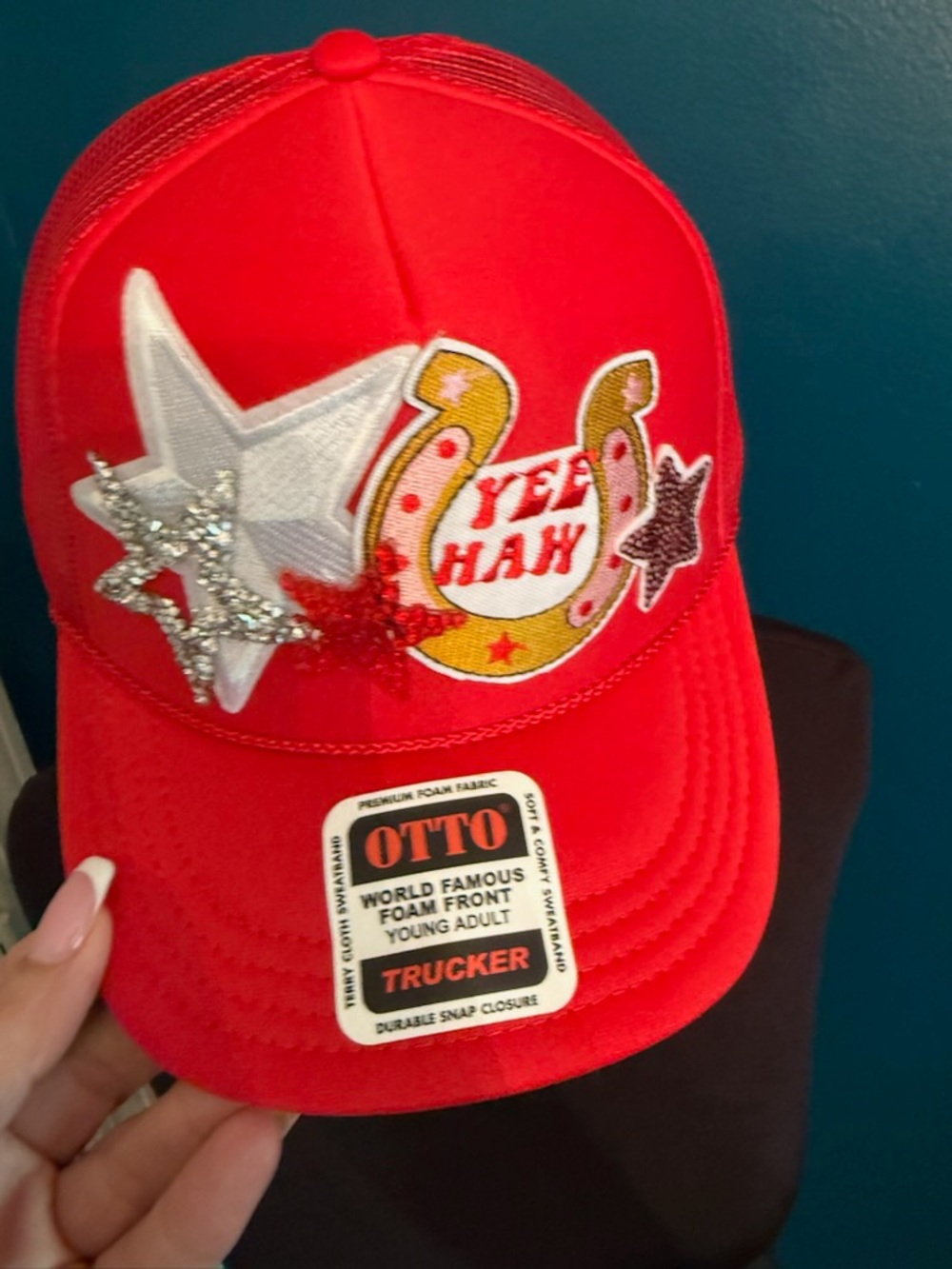 OTTO Red Trucker Hat with 'Yee Haw' Patch and Star Accents